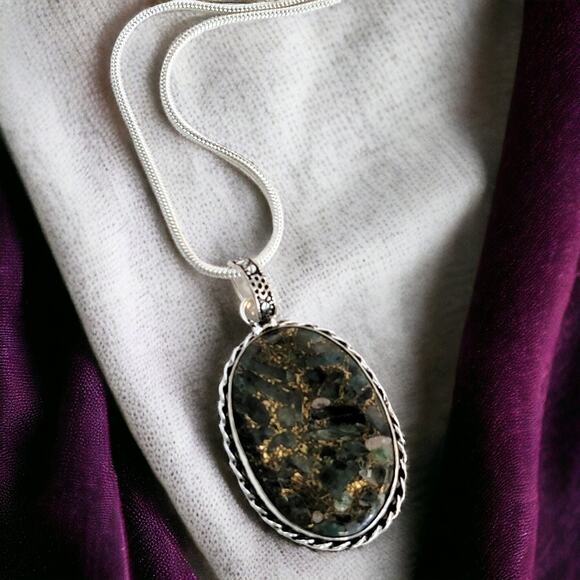 Handcrafted Sterling Silver Cluster Necklace with Green and Gold Variscite - Picture 1 of 10